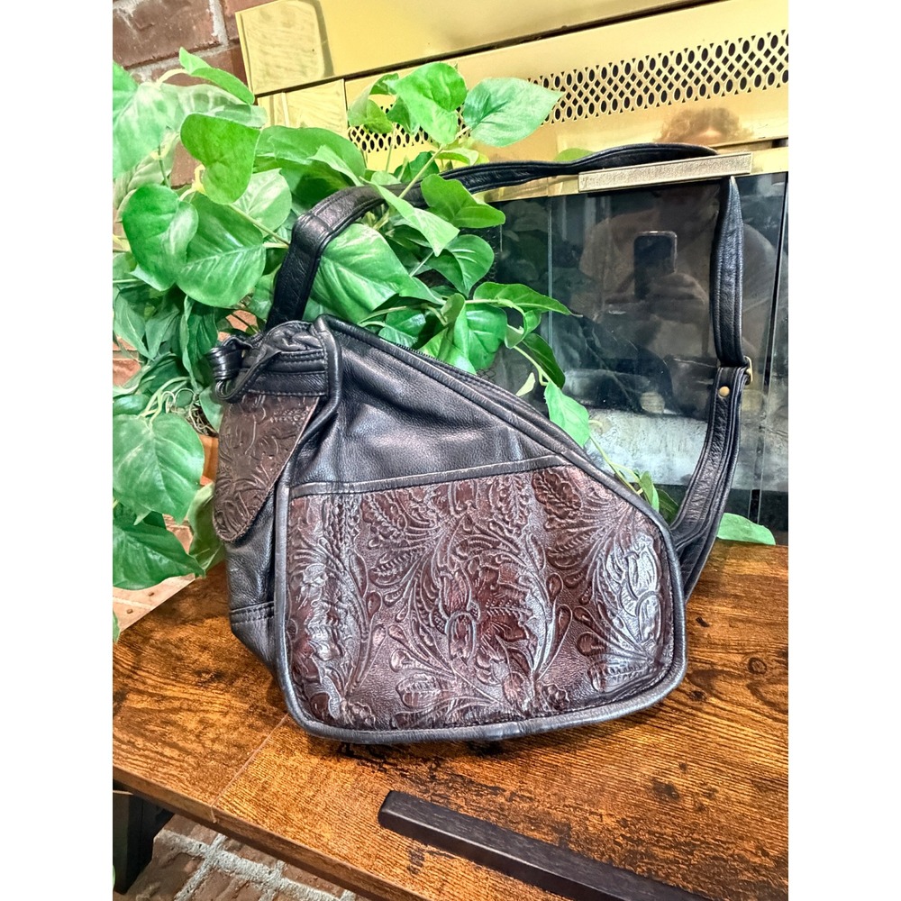 D'Onofrio Sling Bag Womens Black Brown Floral Embossed Leather Asymmetrical L